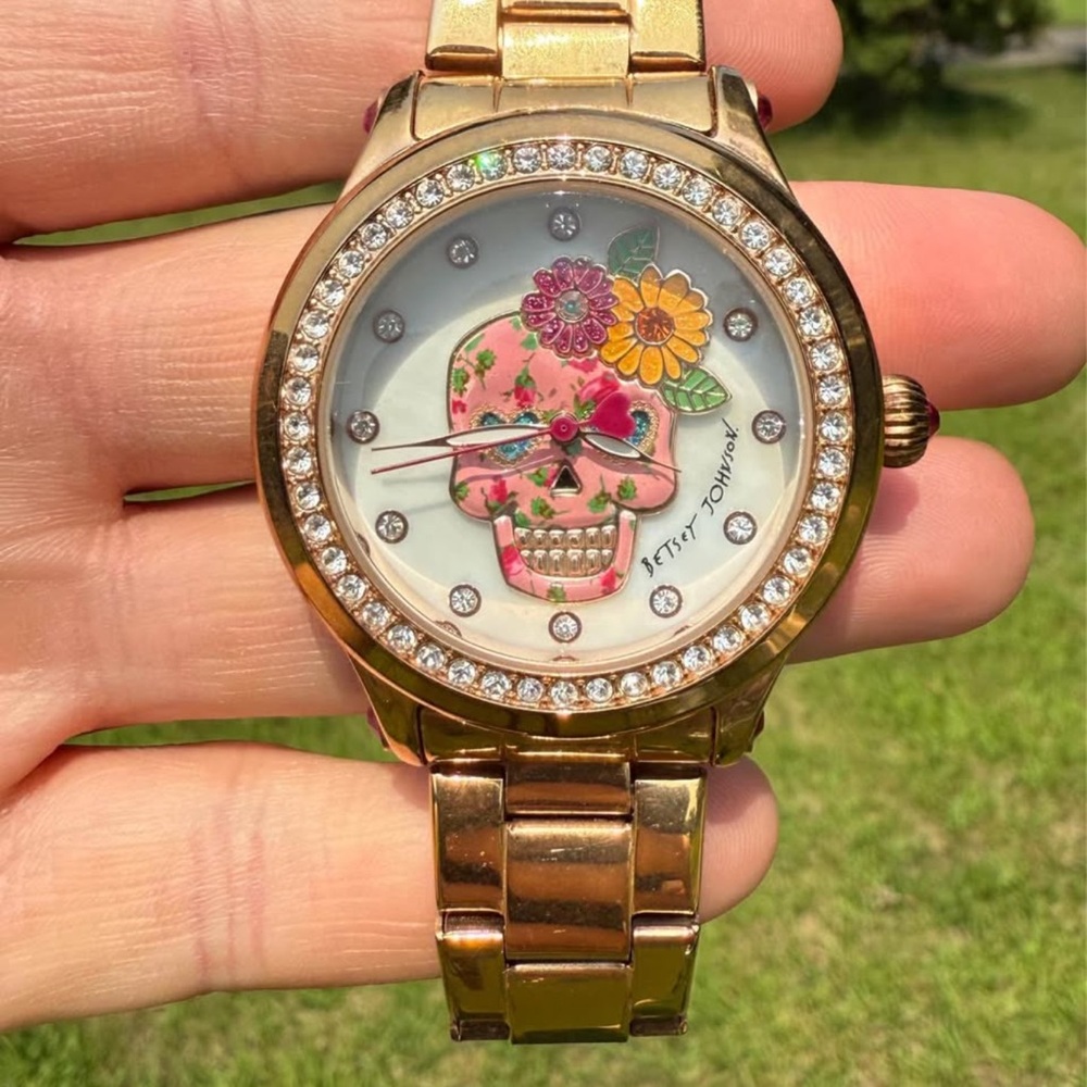 SOLD Betsey Johnson Gold Floral Skull Watch